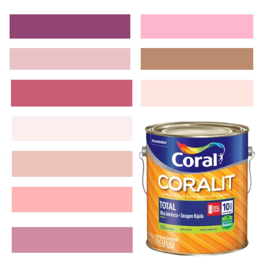 Tinta Esmalte Sintético Base Água Cor Rosa 3,2L Coral Coralit Total Zero Brilhante p/Madeiras e Metais e Pintura.
