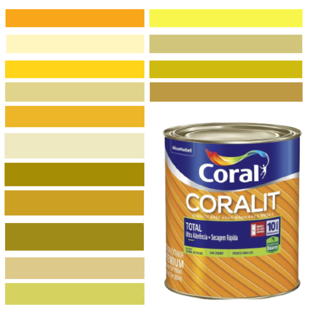 Tinta Esmalte Sintético Base Água Cor Amarelo 800ml Coral Coralit Total Zero Brilhante p/Madeiras e Metais e Pintura em Artesanato de MDF.