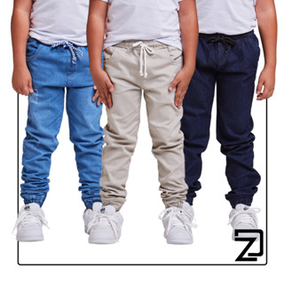 Kit 3 Calças Masculina Infantil Jogger Punho Jeans Sarja Colorido