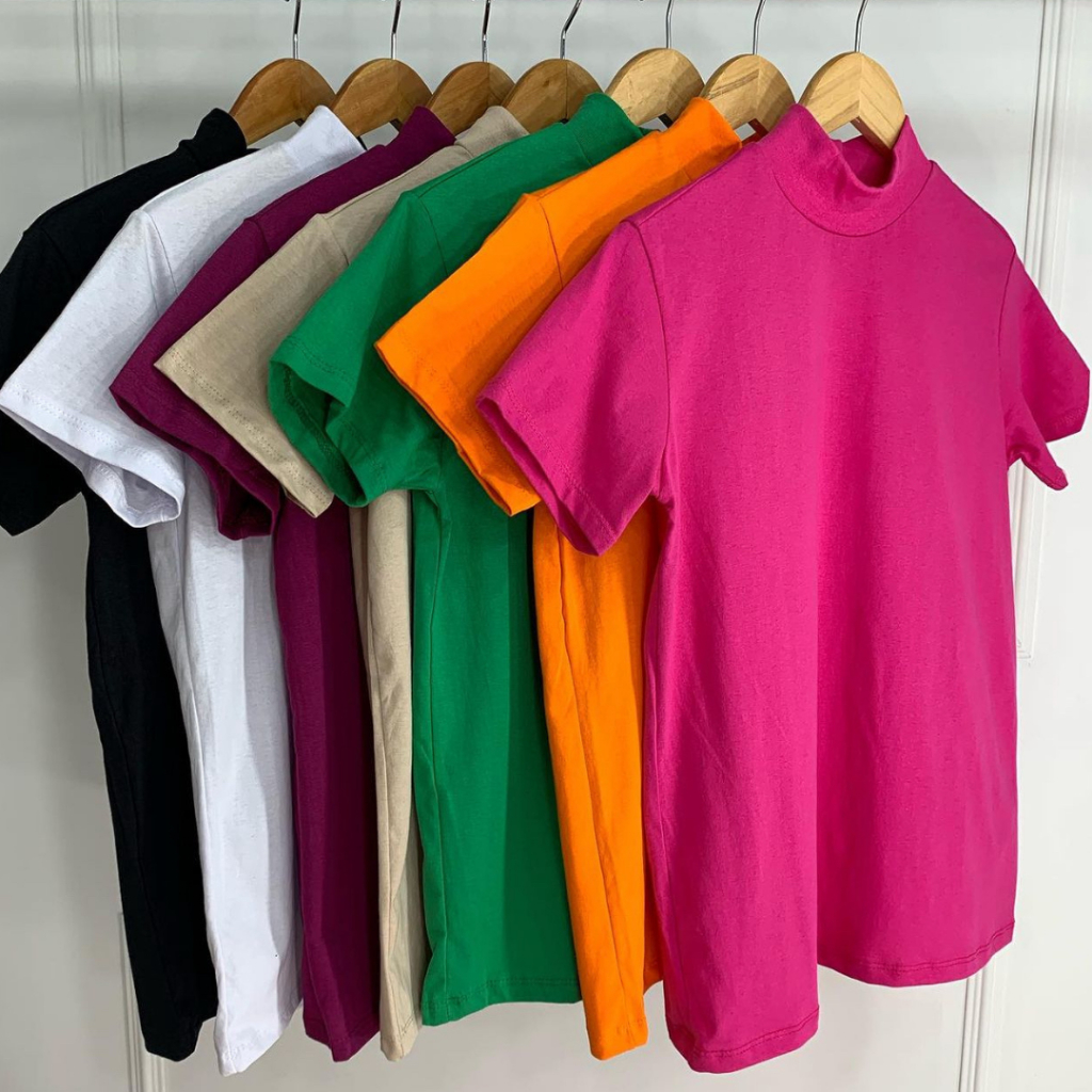 T-shirt Básica Camiseta Gola Alta Lisa Manga Curta Zara