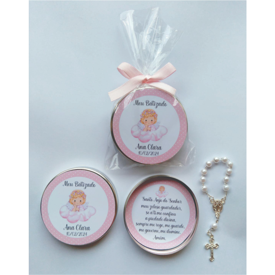 Lembrancinha Kit 15 Latinhas com Mini Terço Personalizadas Batizado Menina