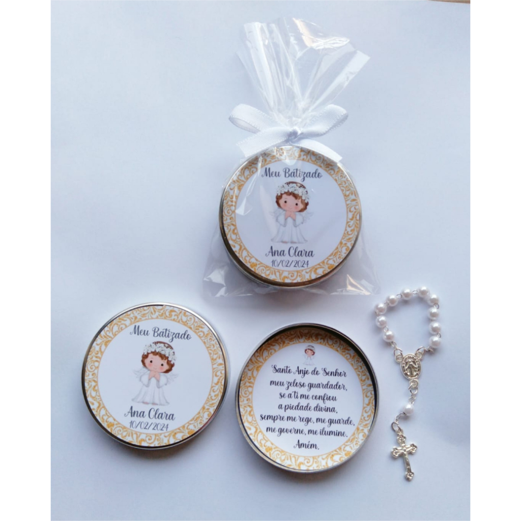 Lembrancinha Latinha com Mini Terço Personalizada Batizado Menina Kit com 15 unidades