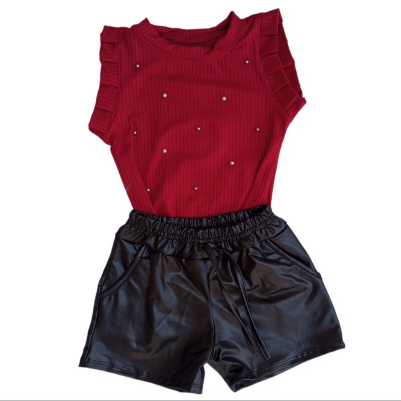 conjunto infantil meninas blusa e shorts cirrê couro conjunto social blogueirinha infantil feminino