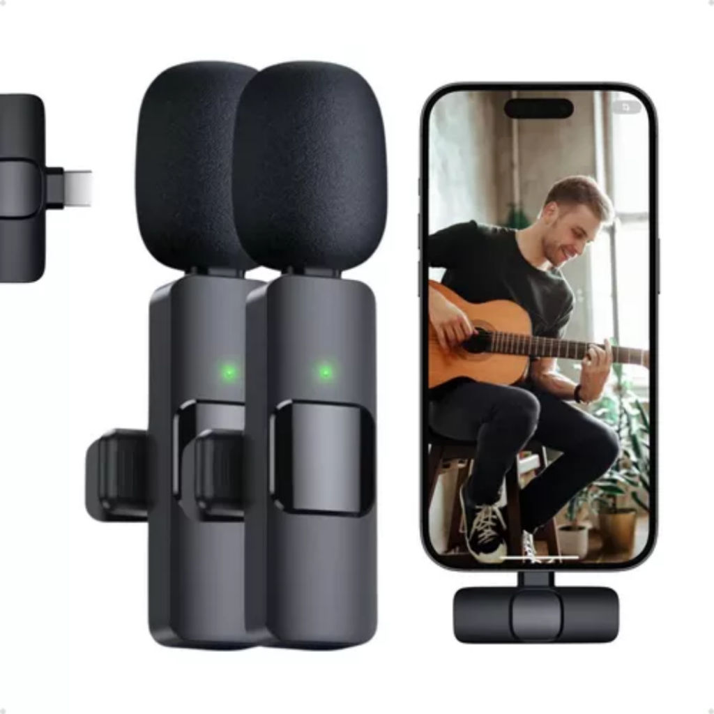 Microfone Para Celular De Lapela Duplo Sem Fio Tipo-C e Lighting
