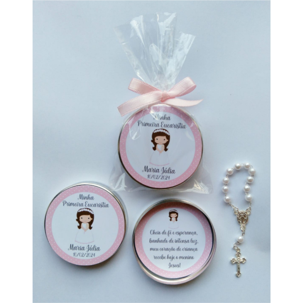 Lembrancinha Kit 15 Latinhas com Mini Terço Personalizadas Primeira Comunhão Eucaristia Menina