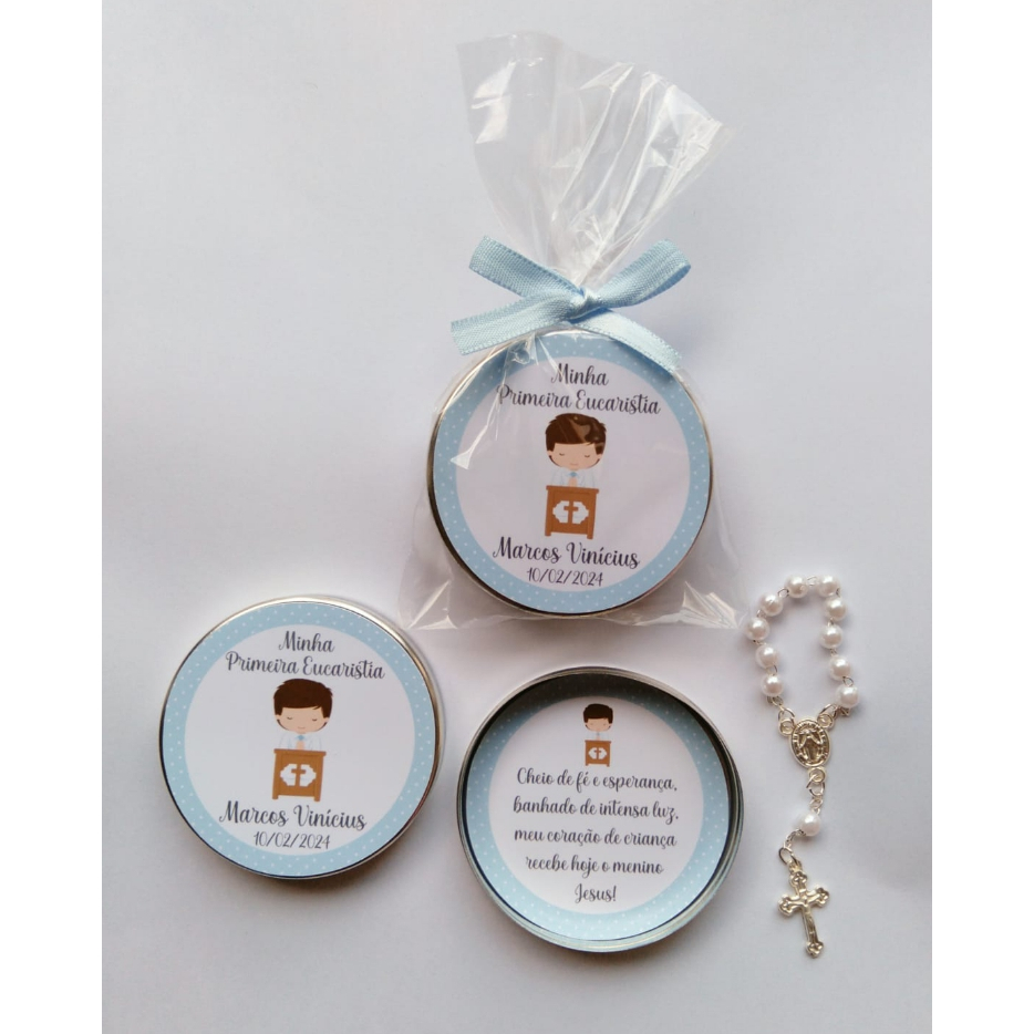 Lembrancinha Latinha com Mini Terço Personalizads Primeira Comunhão Eucaristia Menino Kit com 15 unidades