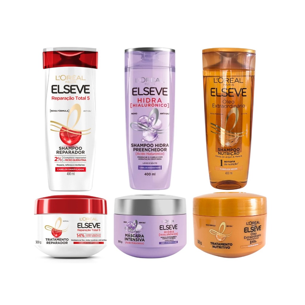 Kit Cronograma Capilar de Mascaras Elseve 300g + Shampoo 400ml - (Reparação Total 5 + Hidra Hialurônico + Óleo Nutrição)
