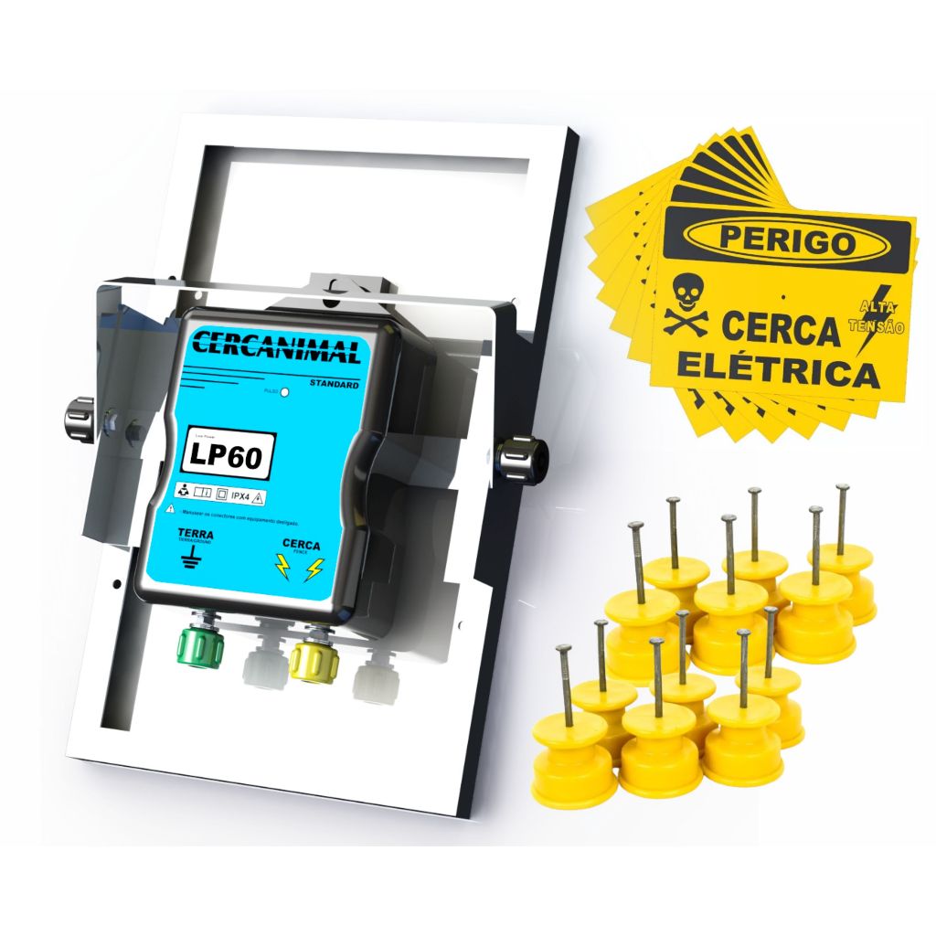 01 LP60 cerca eletrica solar 7,2J + 100 Roldana 36x36 AM + 05 Placa de cerca eletrica