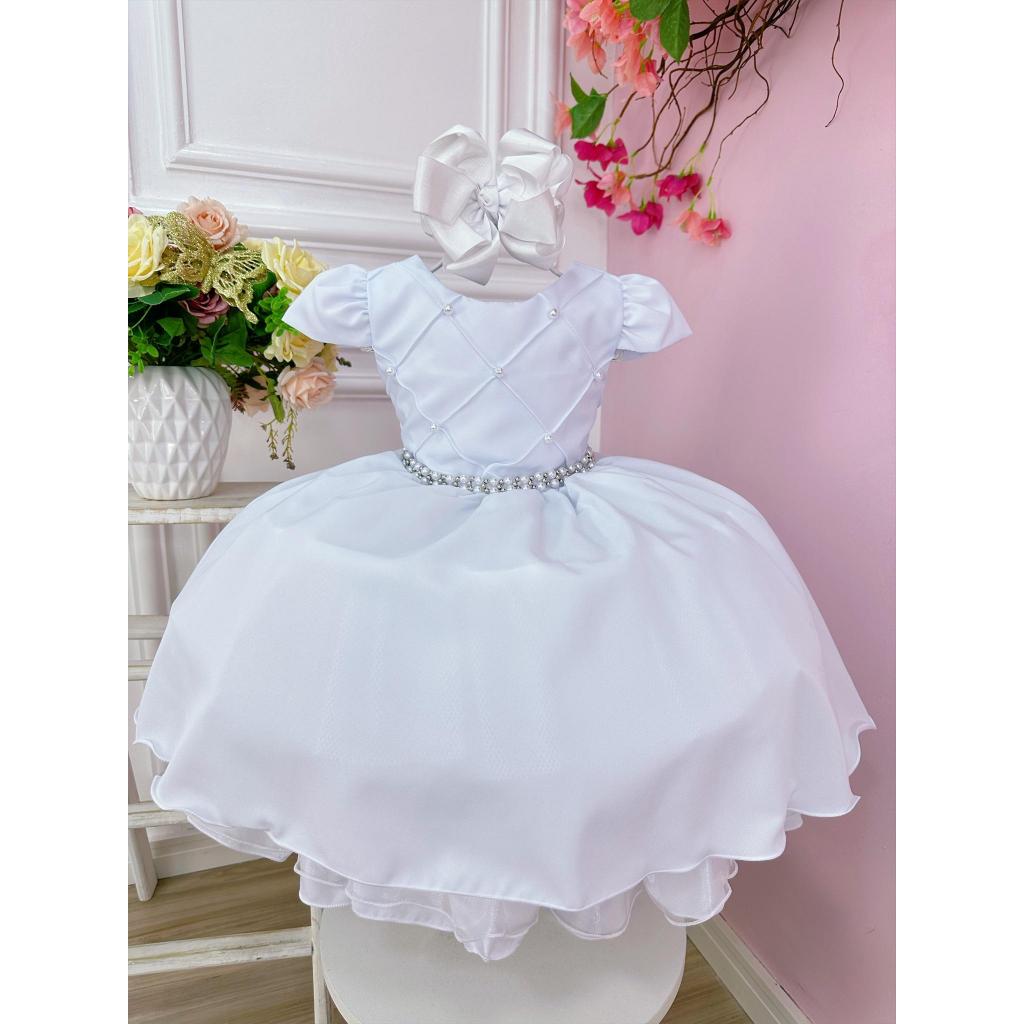 Vestido Infantil Branco Batismo Batizado Comunhão Eucaristia Pérolas Dama Daminha Florista Noivinha Casamento Formatura Natal Bebê Menina Juvenil Rodado Estilo Boneca Princesa Realeza Luxo Festa Evento Clássico Presente