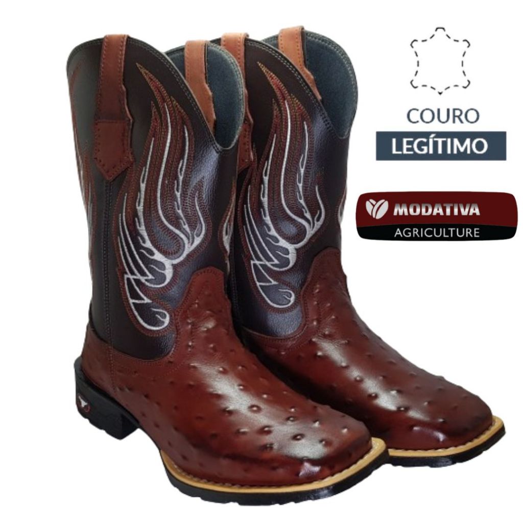 Bota Texana Country Cano Alto Couro Legítimo Pinhão Avestruz em Oferta na Shopee