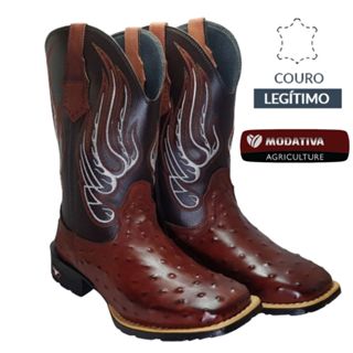 Bota Texana Country Cano Alto Couro Legítimo Pinhão Avestruz em Oferta na Shopee