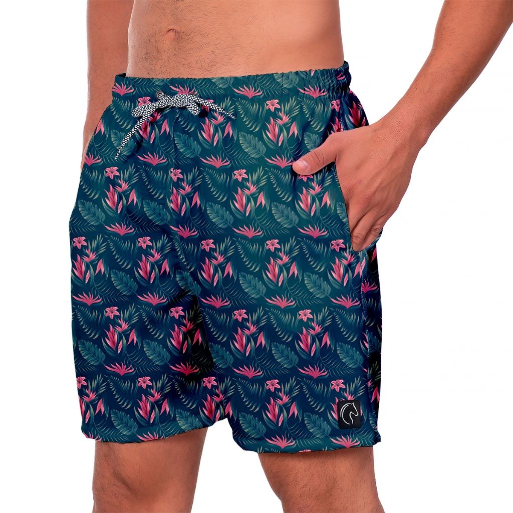 Short Masculino Folhagem Verde Floral Bermuda Masculina Premium Leve Moda Praia Casual Durável Seca Rápido