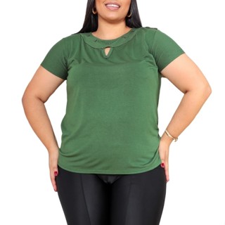 Blusa Feminina Decote V Vazado e Gola c/ Pedrinha Lisa Básica Plus Size - Manga Curta Primavera Verão Viscolycra Moda - Roupas Femininas