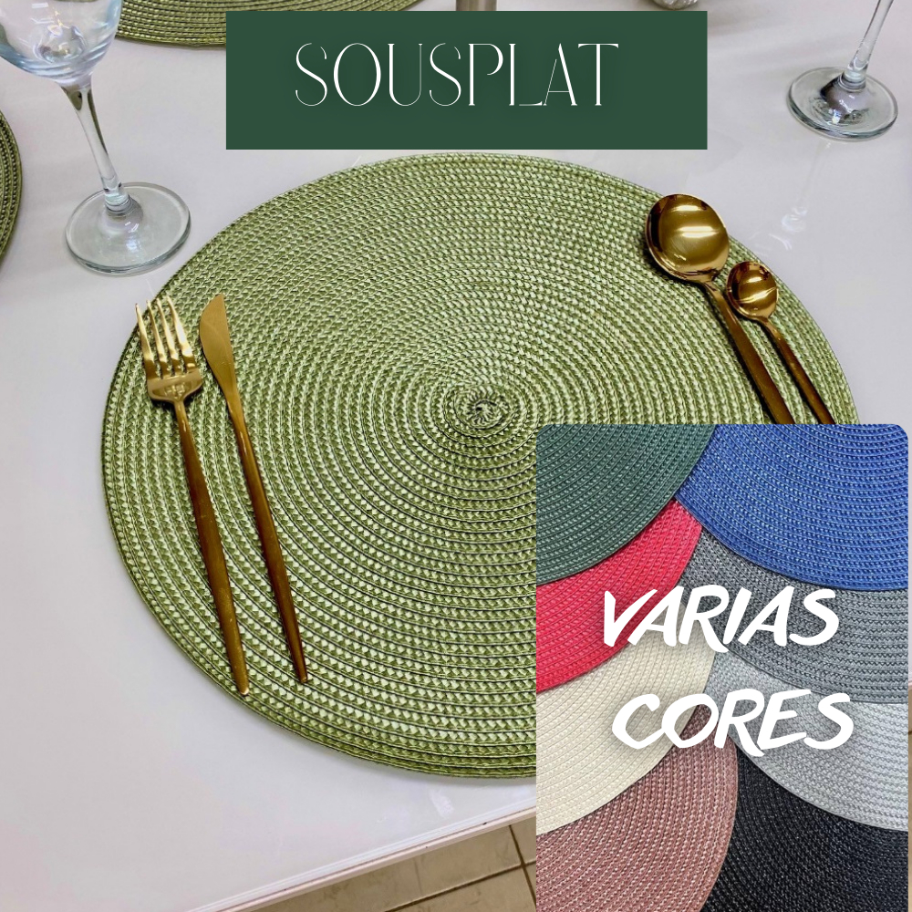 Kit Jogo Americano Sousplat 6 Lugares 6 Peças 38cm (CORES SORTIDAS) Redondo Trançado Descanso de Prato 6 Unidades Suplat Cozinha Jantar Jantar para Mesa Posta Multiuso Resistente