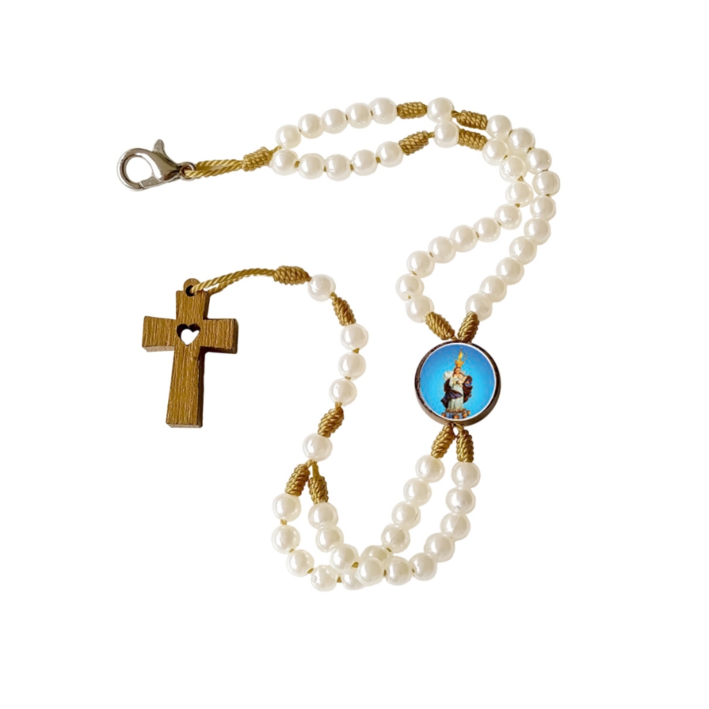 Terço Pulseira Nossa Senhora da Abadia do Muquém Perolado Pulso Artigo Religioso Católico Cruz