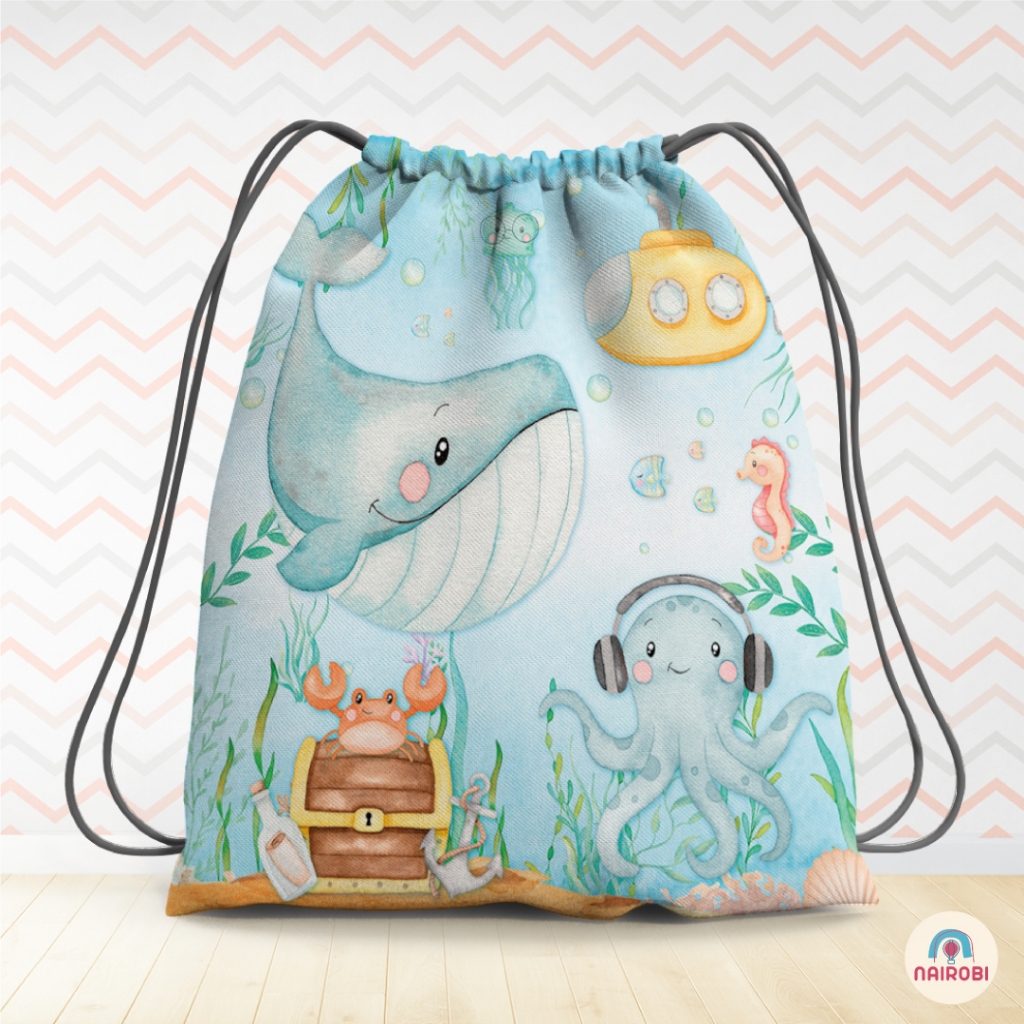 Mochila Saco Personalizada Fundo do Mar 19x28cm | Kits 5, 10, 15 e 20 Unidades