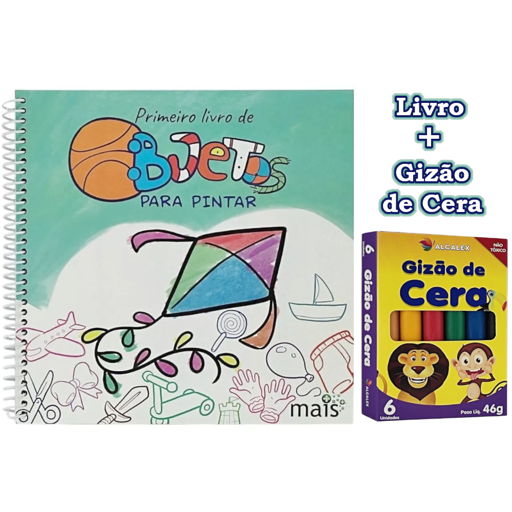 Livro Infantil para colorir - PRIMEIRO LIVRO DE OBJETOS PARA PINTAR  + CAIXA DE GIZÃO DE CERA 6 UND.