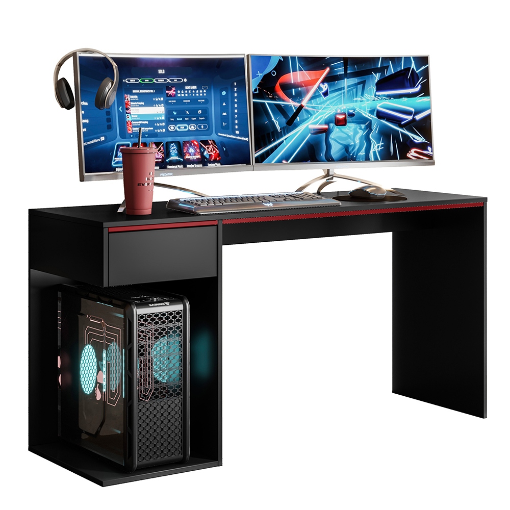 Mesa Gamer  Cabe 2 Monitores com Gaveta Suporte CPU Home Office 136cm