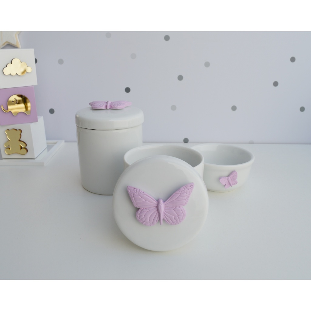 Kit Higiene Bebê K015 Borboleta Porcelanas Decoração Quarto Banho
