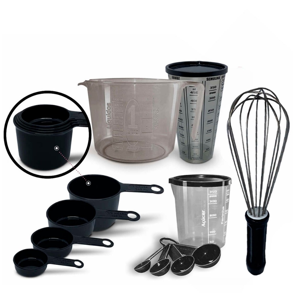 Kit 12 Peças Contendo Batedor 25cm, Jarra 1 Litro, Copo (Com Tampa), Copo 400ml (Com Colher Medida) e Xicara Medida.
