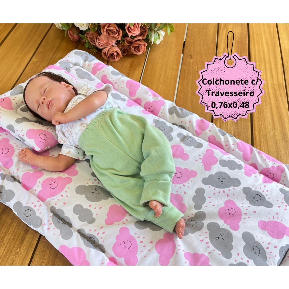 Imagem Colchonete E Travesseiro Para Bebe Estampa Nuvem Rosa