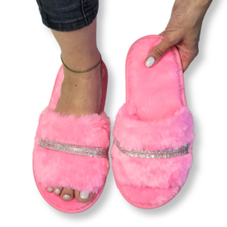Pantufa feminina Aberta Luxo Com Strass Toda de Pelúcia Solado Antiderrapante