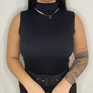 Blusa Canelada Gola Alta Feminino Regata Básica Casual Tendência Lisa Blusinha Sem Manga Feminina