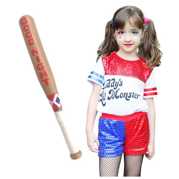 Fantasia Infantil Harley Quinn Arlequina Com Bastão/Taco Good Nigth Infantil do 2 ao 16