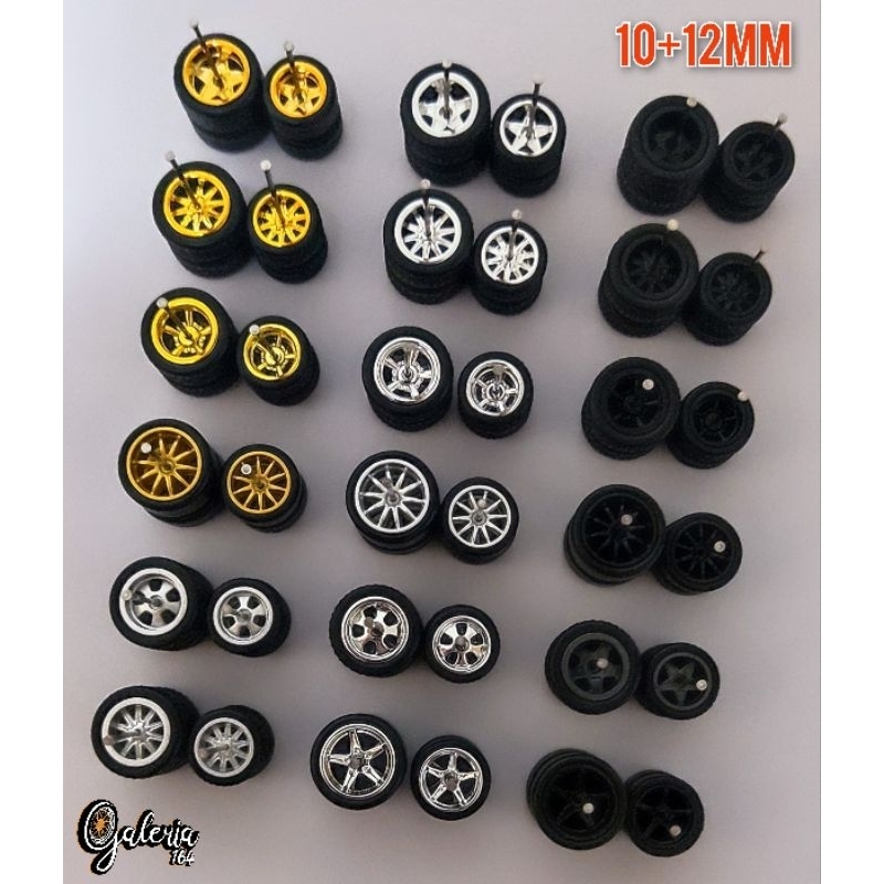 Jogo de rodas com pneus de borracha 1/64  10+12mm (dianteira menor e traseira maior)