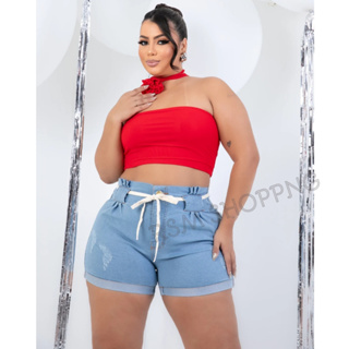 short jeans feminino plus size com Lycra ( azul claro com cordão ) em Oferta na Shopee