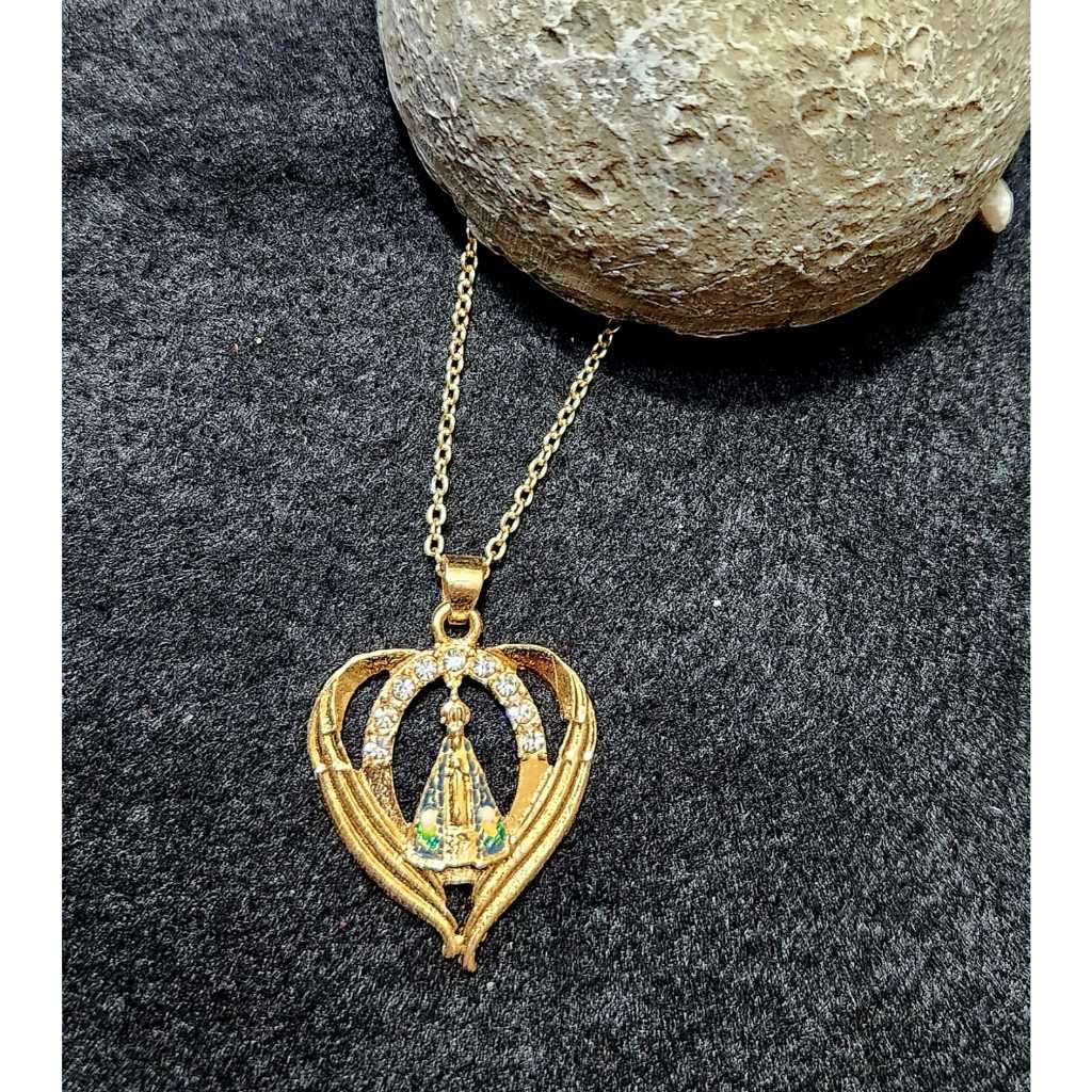 Colar corrente gargantilha folheada folheado ouro Nossa Senhora Aparecida strass
