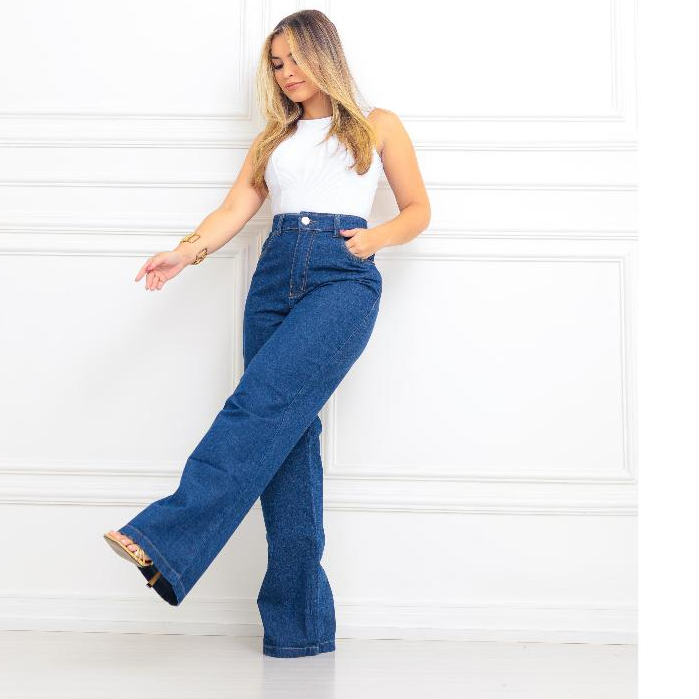 Calça jeans wide leg escura lisa feminina perna larga em Oferta na Shopee