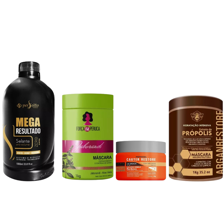 Mega Resultado Passo Único + Cauter Restore 500g+ Máscara Jaborandi 1kg + Máscara Própolis 1kg