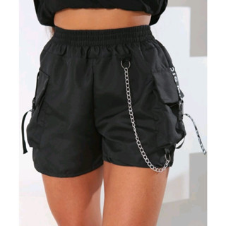Short Tactel Cargo Feminino Corrente Suspensório New York Bermuda Cintura Bolsos Laterais Alta Moda Gringa Verão Promoção