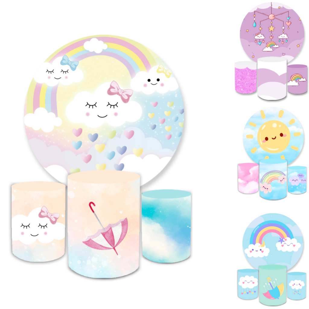 Kit Painel Redondo 1,50x1,50 + Trio Capa Cilindros Temático Chuva de Amor Modelos