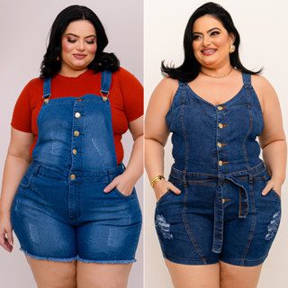 Kit 2 Jardineira Short Macaquinho Jeans Plus Size Feminina Lycra