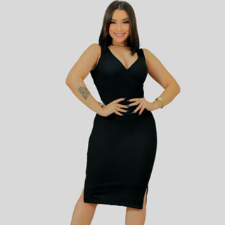 VESTIDO CRUZADO CON FENDA CANELADO