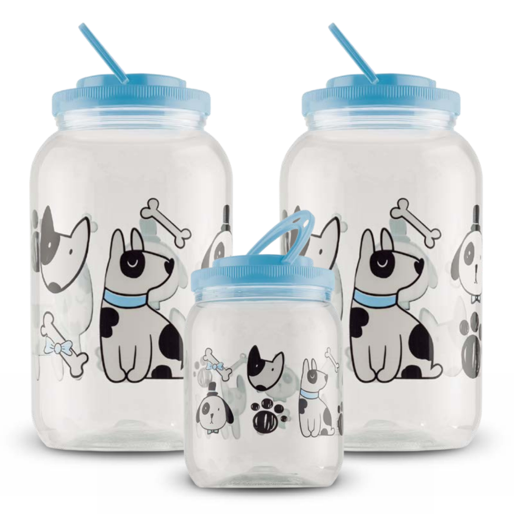 Kit 3 Potes Porta ração 2x 3,6 litros + 1x 1,7l Petisco Estampa Azul Desenho Cachorro Dog