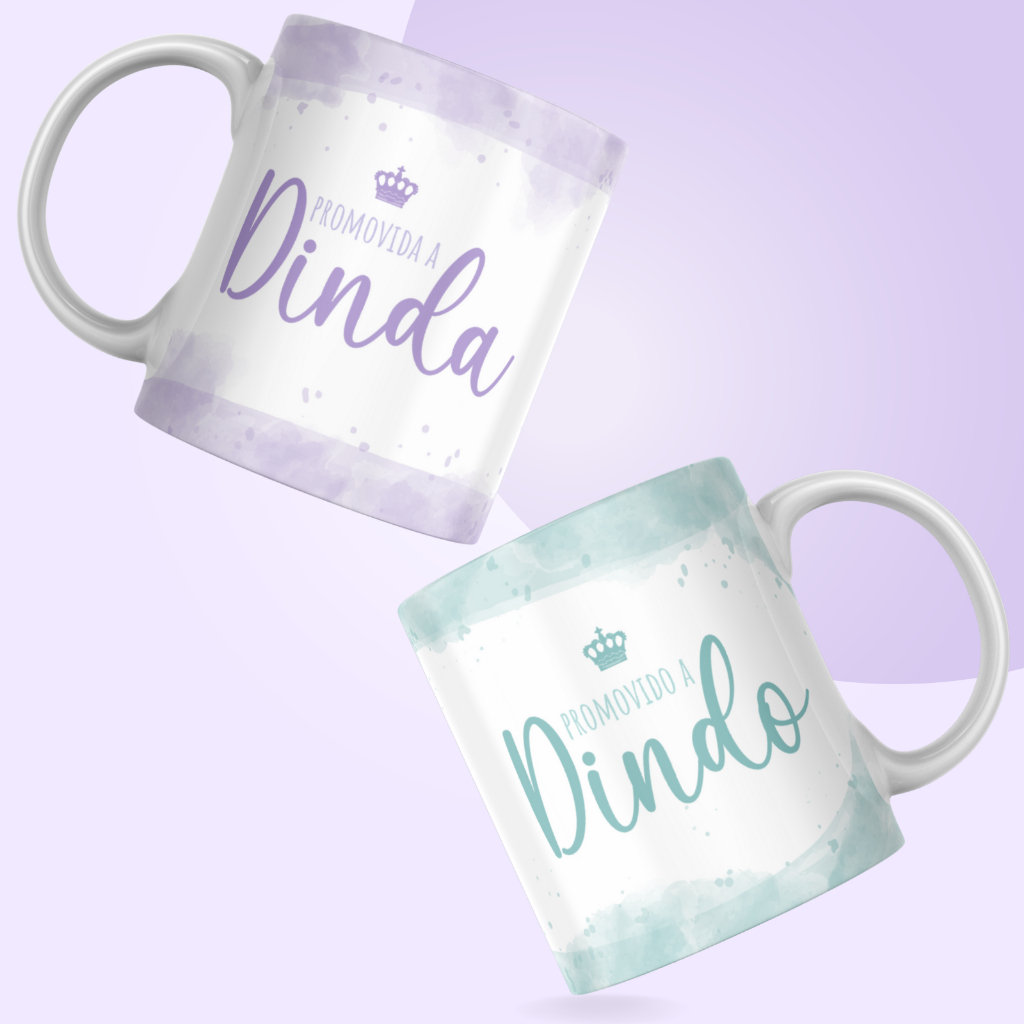 Kit Presente Canecas para padrinhos (dindos) "Promovida a Dinda" e "Promovido a Dindo" Lembrancinha Bastismo Batizado Xícaras Surpresa Convite presente chá de bebê chá revelação gravidez católico madrinha padrinho 325ml caneca branca conjunto combo