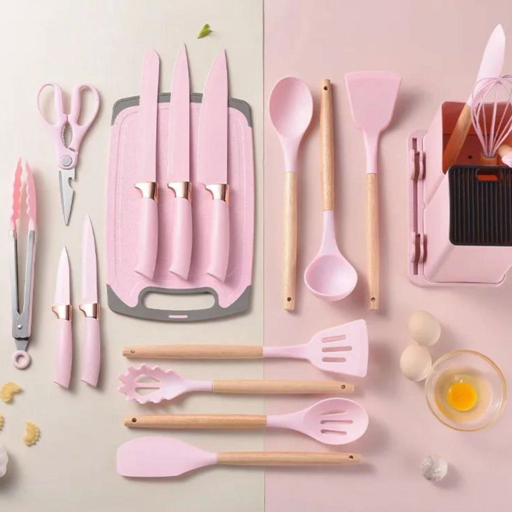 Kit Utensilios 19 pcs Silicone [ Rosa ] Marca Importado Modelo UTC-18