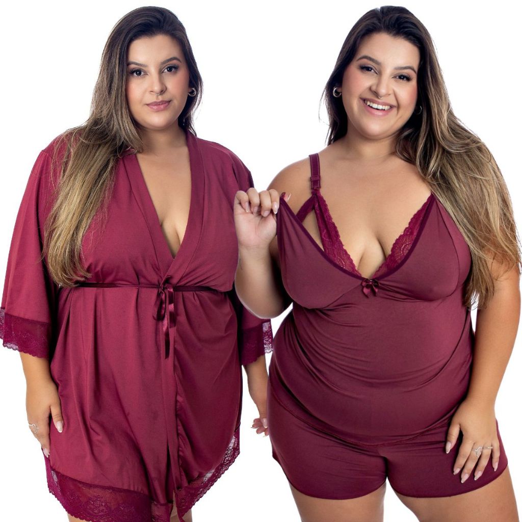 Baby Doll Amamentação Com Robe de Romantic e Renda Plus-Size em Oferta na Shopee
