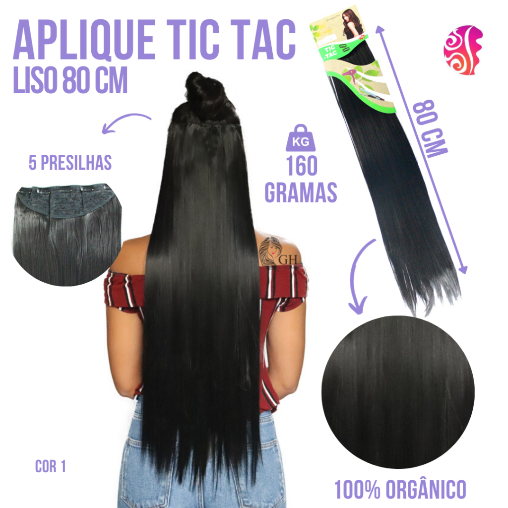 Kit 3 Cabelos Liso Com Presilha De Tic Tac Removível Para  Alongamento Em Fibra Orgânica 80Cm