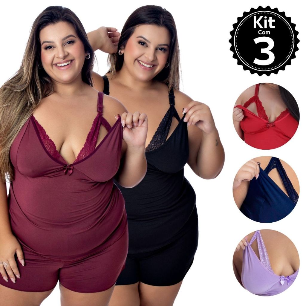 Kit 3 Baby Doll Amamentação Plus Size Pijama Gestante Maternidade pós parto abre fácil em Oferta na Shopee