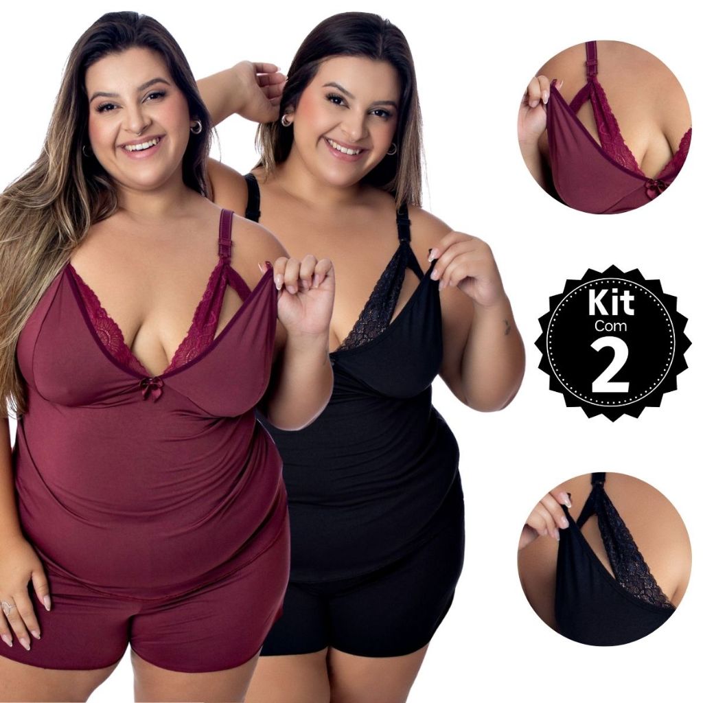 Kit 2 Baby Doll Amamentação Plus Size Pijama Gestante Maternidade pós parto abre fácil em Oferta na Shopee