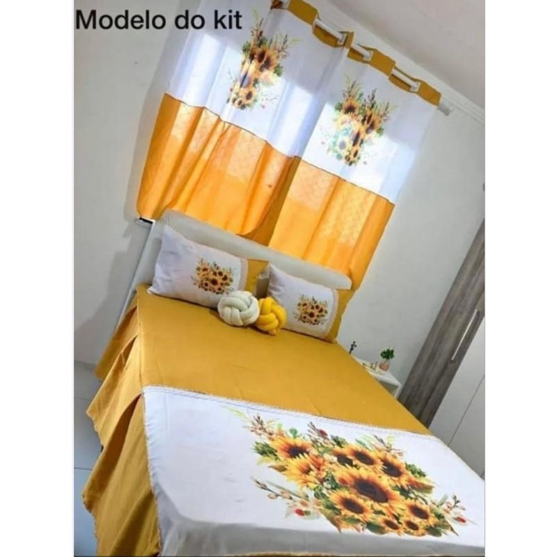 Kit Colcha Casal com Cortina Pintado Floral Pintado Box Janela Flores Quarto Casal Promoção