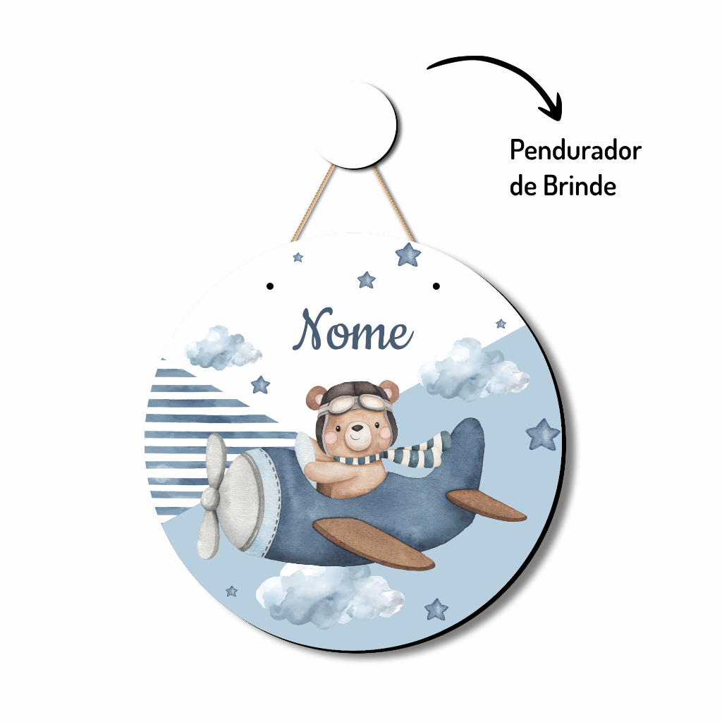 Enfeite Porta Maternidade Ursinho Aviador Aquarela flâmula placa redonda NOME PERSONALIZADO do Bebê