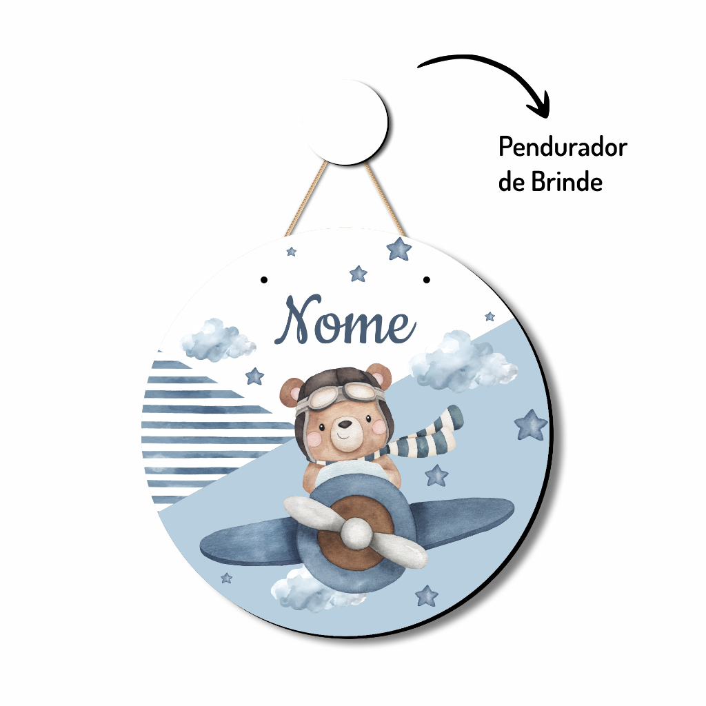 Porta Enfeite Maternidade Ursinho Urso Aviador Aquarela flâmula placa redonda NOME PERSONALIZADO