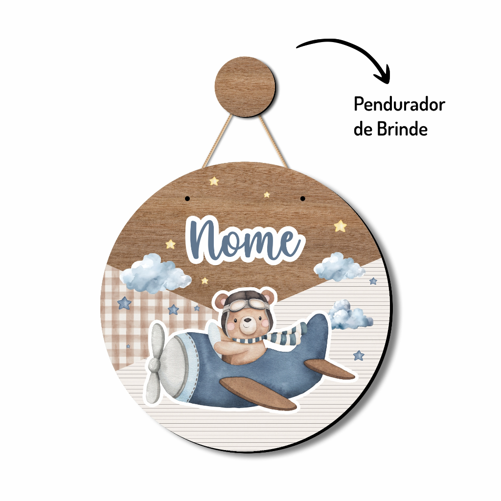 Enfeite de Porta Maternidade Ursinho Aviador Aquarela flâmula redonda com NOME PERSONALIZADO Bebê