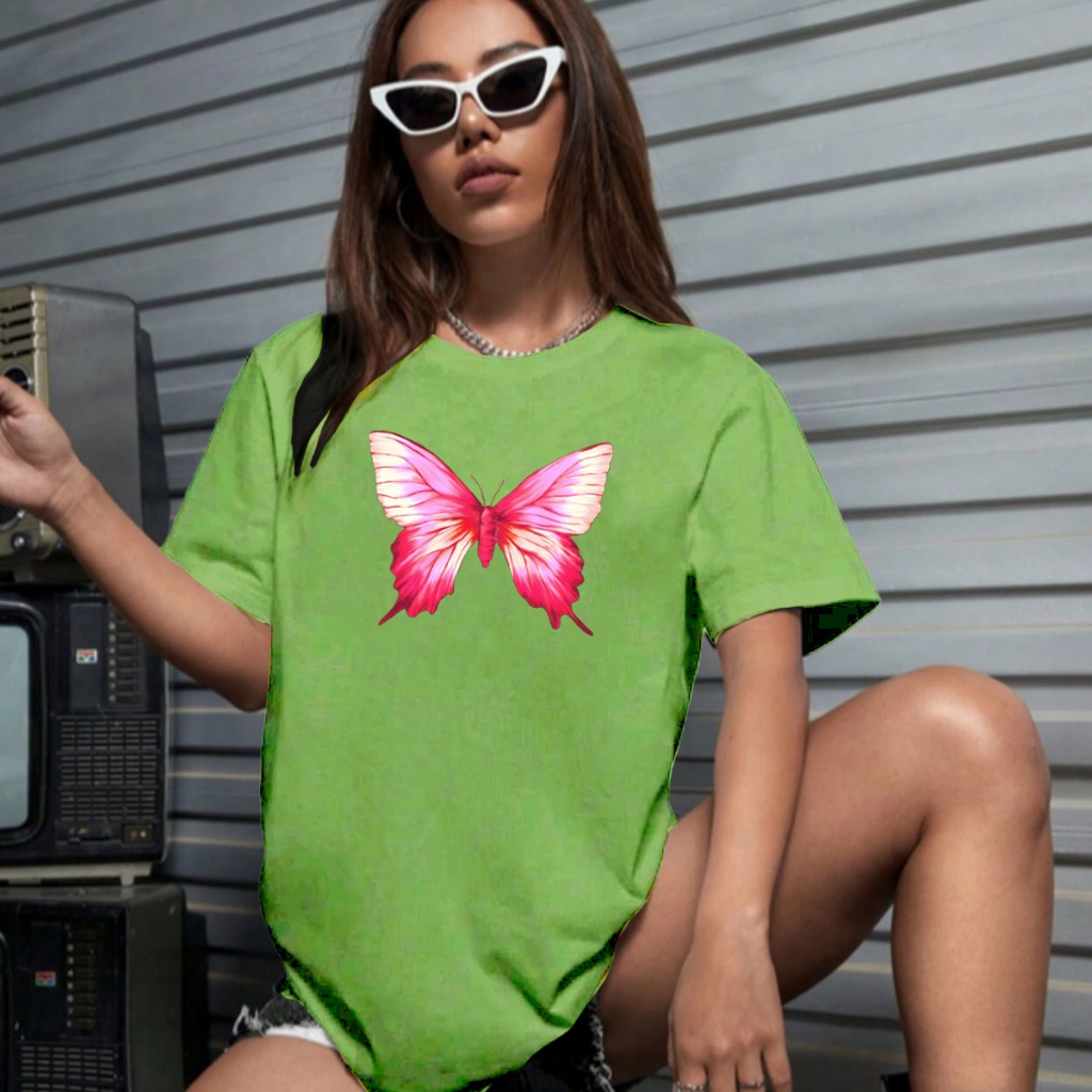 Camiseta Oversized Feminina Mulher Estilosa Estampada Inseto Borboleta Voar Rosa Petála Blusa Stree
