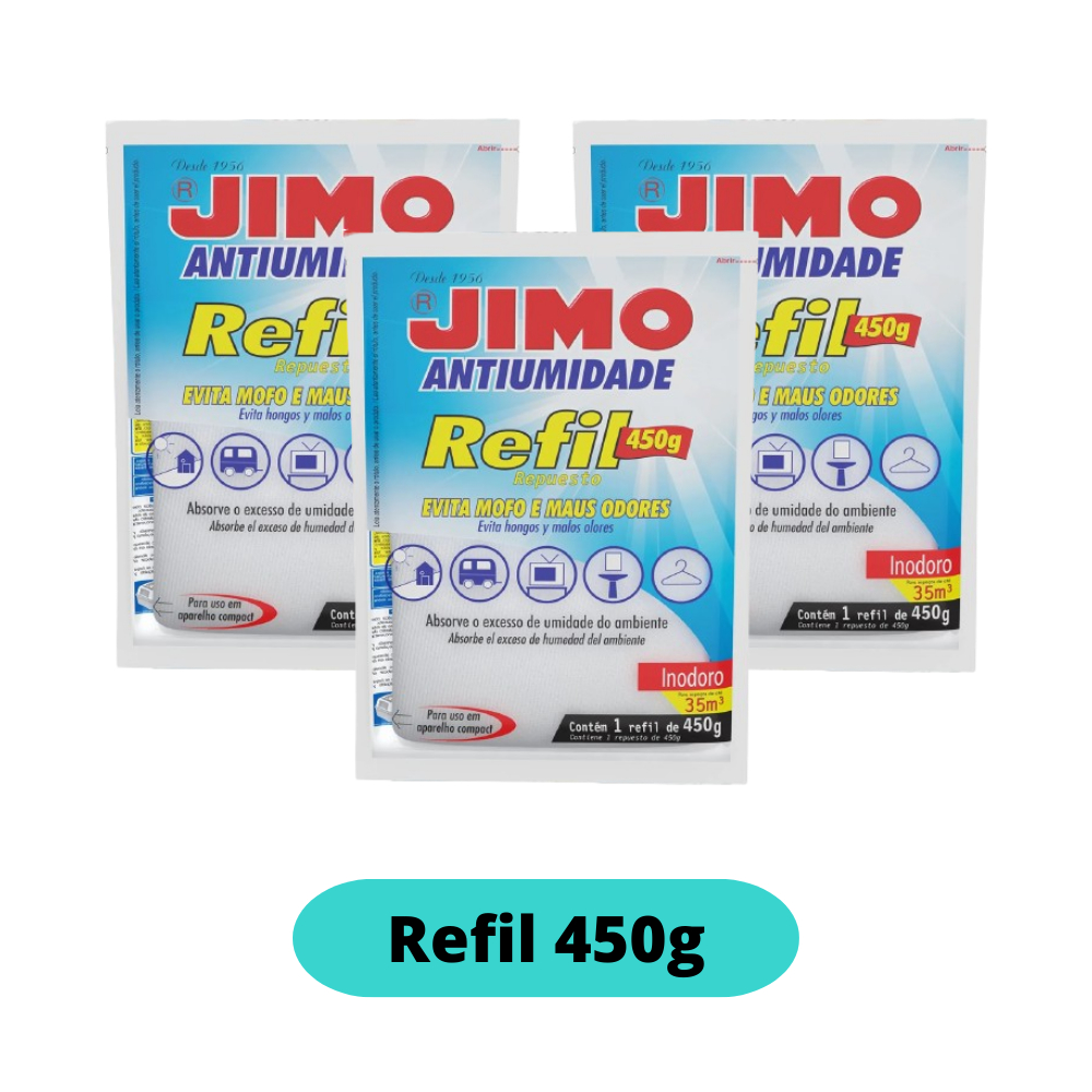 3 Refil Evita Maus Odores Mofo 450g Jimo Antiumidade Desumidificador Anti Umidade